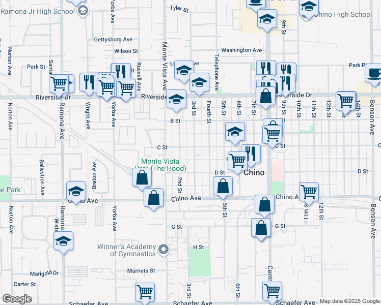 map of restaurants, bars, coffee shops, grocery stores, and more near 13116 3rd Street in Chino