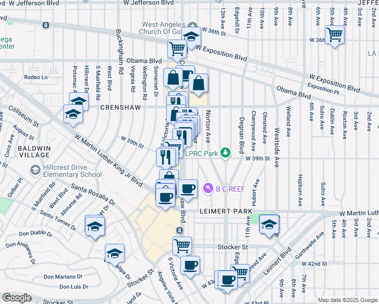 map of restaurants, bars, coffee shops, grocery stores, and more near 3870 Crenshaw Boulevard in Los Angeles