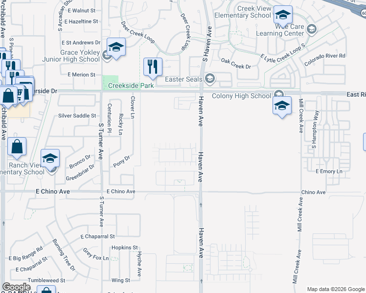 map of restaurants, bars, coffee shops, grocery stores, and more near 3463 E Moonstone Drive in Ontario