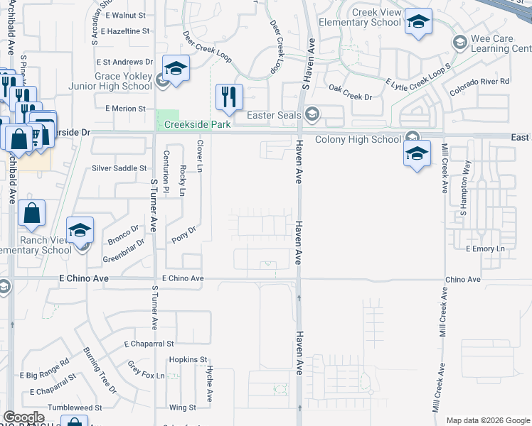 map of restaurants, bars, coffee shops, grocery stores, and more near 3437 E Moonstone Drive in Ontario