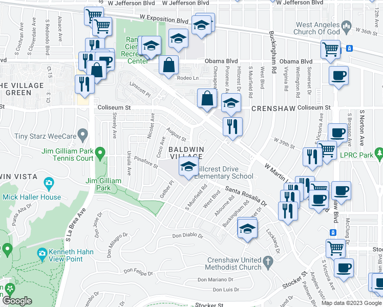 map of restaurants, bars, coffee shops, grocery stores, and more near Santa Rosalia Drive & Potomac Avenue in Los Angeles