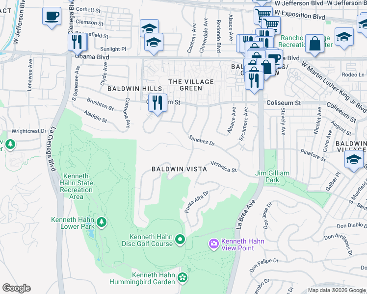 map of restaurants, bars, coffee shops, grocery stores, and more near 3903 South Cloverdale Avenue in Los Angeles