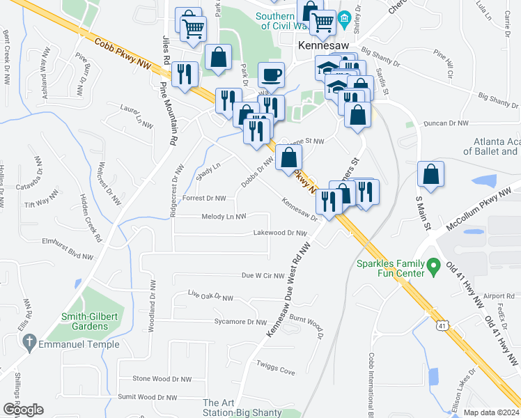 map of restaurants, bars, coffee shops, grocery stores, and more near 2340 Melody Lane Northwest in Kennesaw