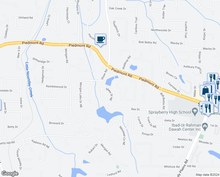 map of restaurants, bars, coffee shops, grocery stores, and more near 1336 Shaw Drive Northeast in Marietta