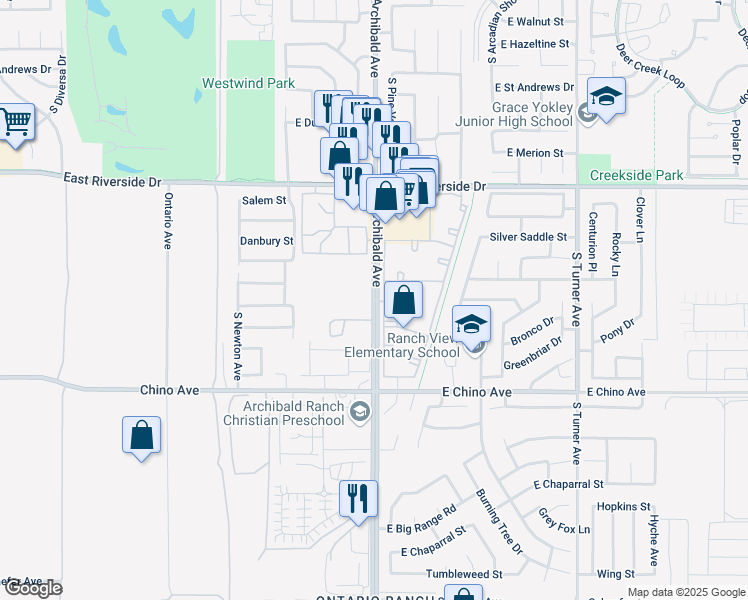 map of restaurants, bars, coffee shops, grocery stores, and more near 5170 South Archibald Avenue in Ontario