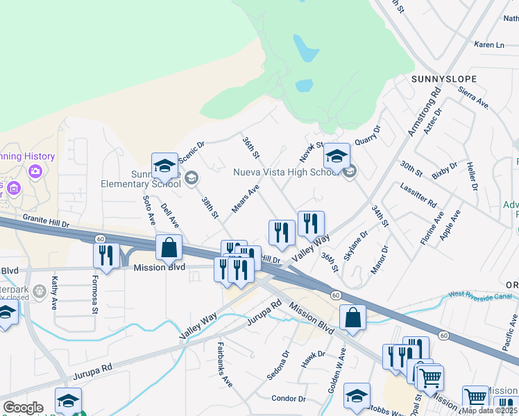 map of restaurants, bars, coffee shops, grocery stores, and more near 3678 Mears Avenue in Riverside