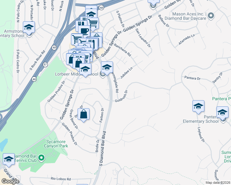 map of restaurants, bars, coffee shops, grocery stores, and more near 571 Charmingdale Road in Diamond Bar