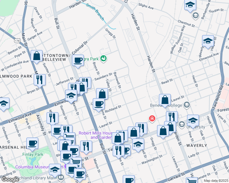 map of restaurants, bars, coffee shops, grocery stores, and more near 21 Townpark Circle in Columbia