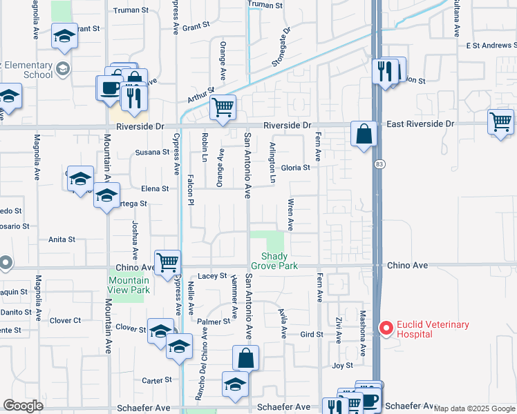 map of restaurants, bars, coffee shops, grocery stores, and more near 13128 Pintail Court in Chino