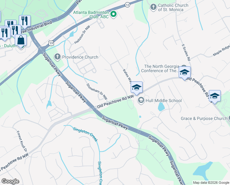 map of restaurants, bars, coffee shops, grocery stores, and more near 3368 Parsons Ridge Lane in Duluth