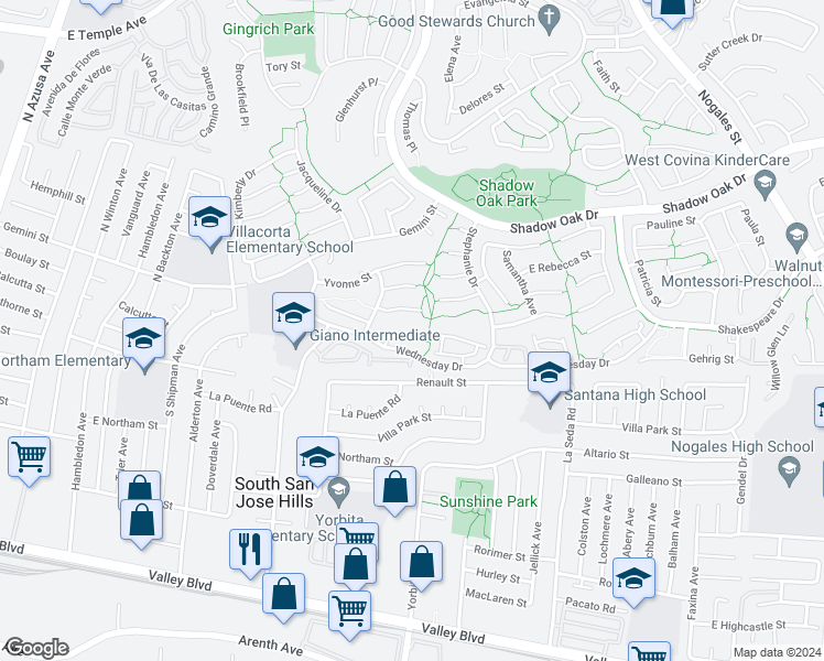 map of restaurants, bars, coffee shops, grocery stores, and more near 1929 Valerie Court in West Covina