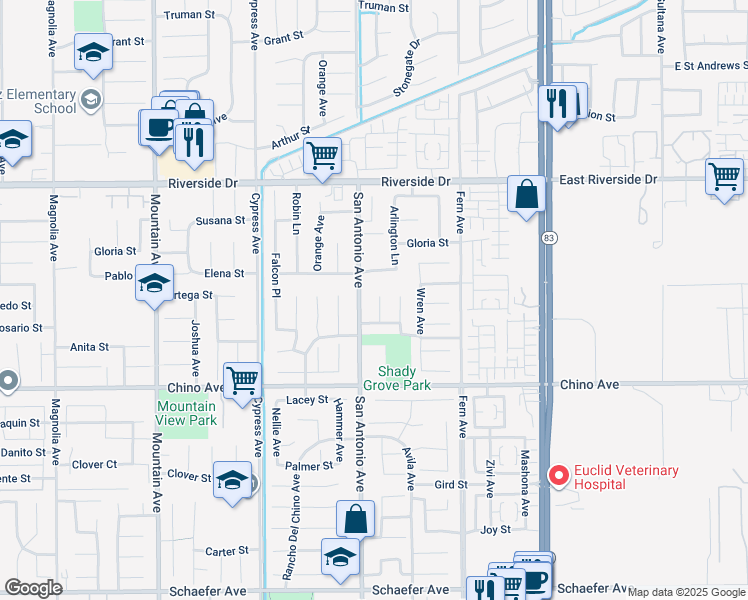 map of restaurants, bars, coffee shops, grocery stores, and more near 13128 Pintail Court in Chino