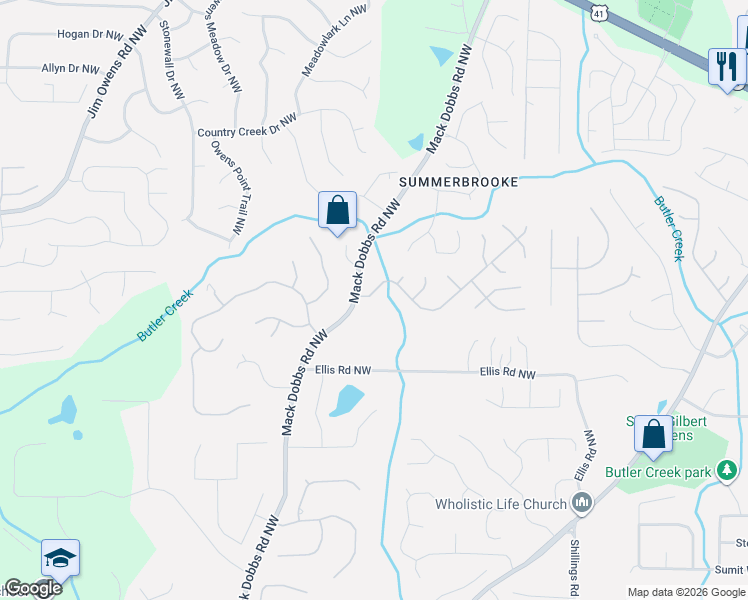 map of restaurants, bars, coffee shops, grocery stores, and more near 3100 Kaley Drive Northwest in Kennesaw