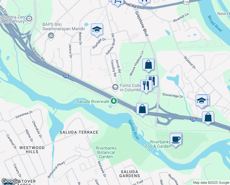map of restaurants, bars, coffee shops, grocery stores, and more near 246 Stoneridge Drive in Columbia