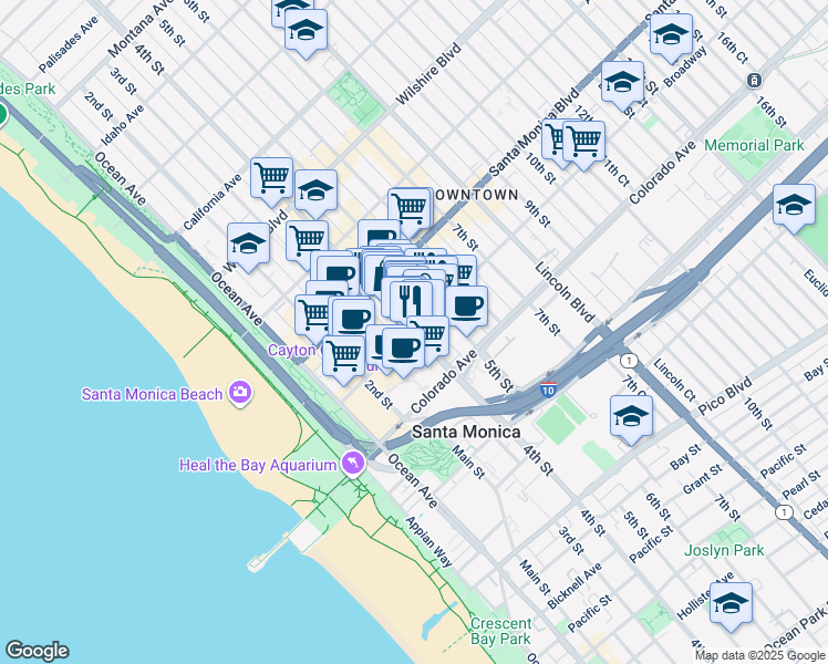 map of restaurants, bars, coffee shops, grocery stores, and more near 4th St & Broadway in Santa Monica