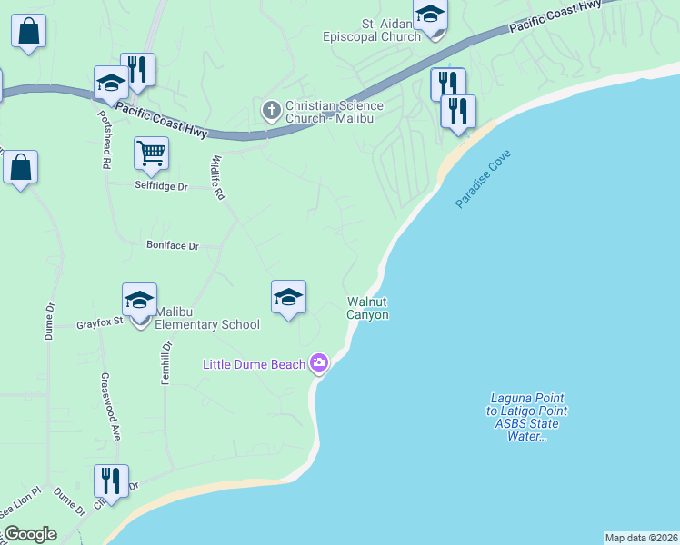 map of restaurants, bars, coffee shops, grocery stores, and more near 6811 Zumirez Drive in Malibu