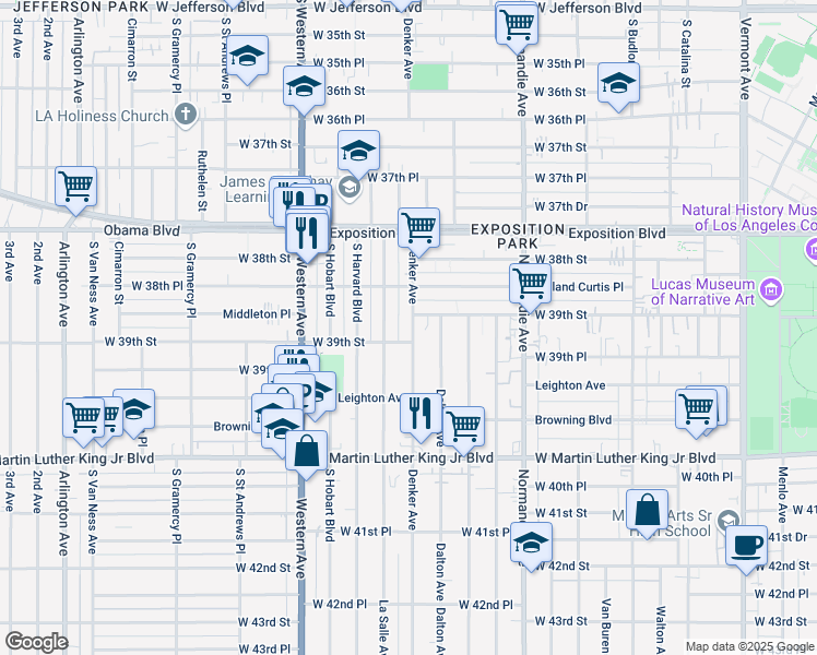 map of restaurants, bars, coffee shops, grocery stores, and more near 3877 Denker Avenue in Los Angeles
