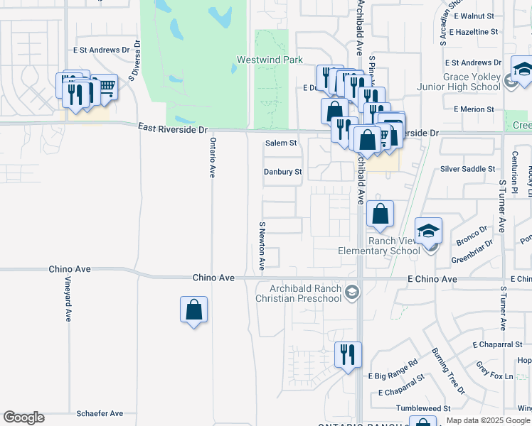 map of restaurants, bars, coffee shops, grocery stores, and more near 2443 East Lewiston Street in Ontario