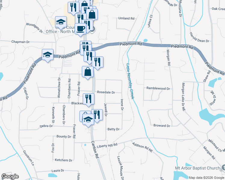 map of restaurants, bars, coffee shops, grocery stores, and more near 2644 Jewell Drive in Marietta