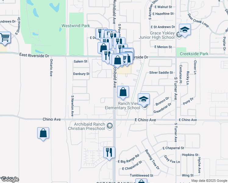 map of restaurants, bars, coffee shops, grocery stores, and more near 3436 South Archibald Avenue in Ontario