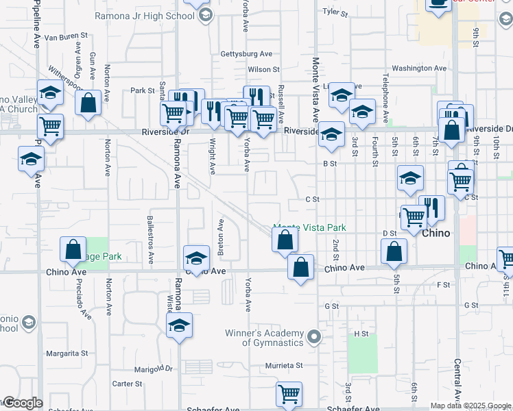 map of restaurants, bars, coffee shops, grocery stores, and more near 4719 Doheny Drive in Chino