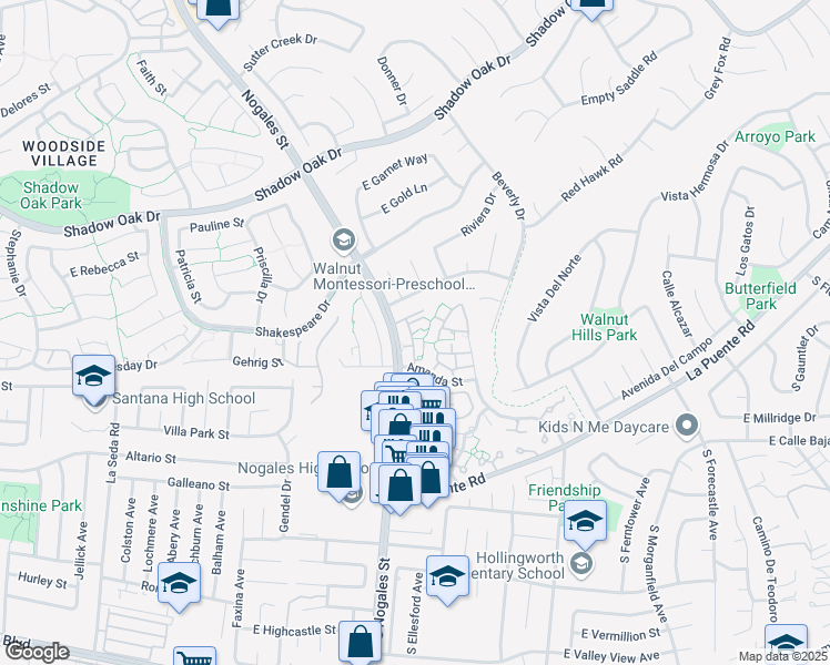 map of restaurants, bars, coffee shops, grocery stores, and more near 19106 Bel Air Drive in Walnut