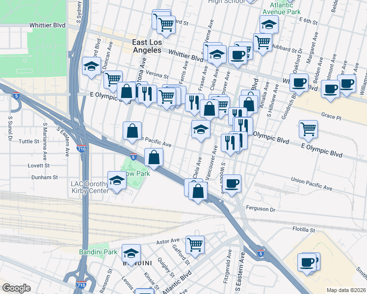 map of restaurants, bars, coffee shops, grocery stores, and more near 1268 South La Verne Avenue in East Los Angeles