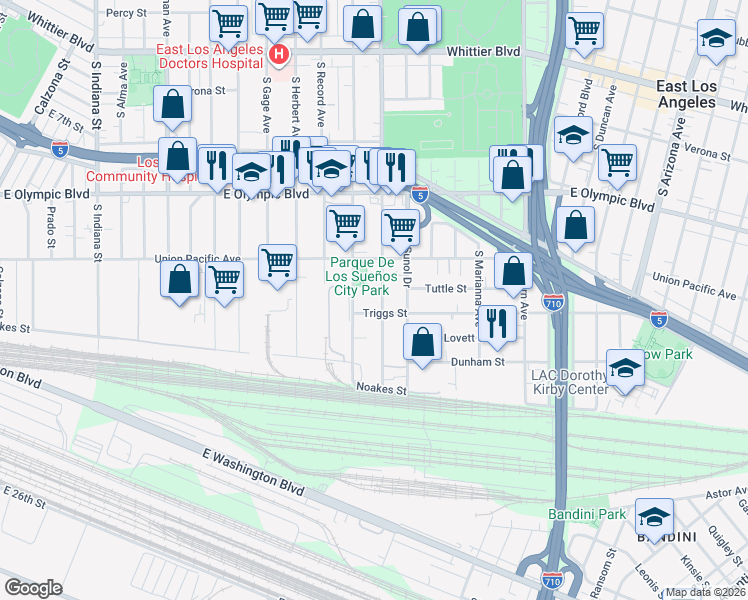 map of restaurants, bars, coffee shops, grocery stores, and more near 1339 South Downey Road in Los Angeles