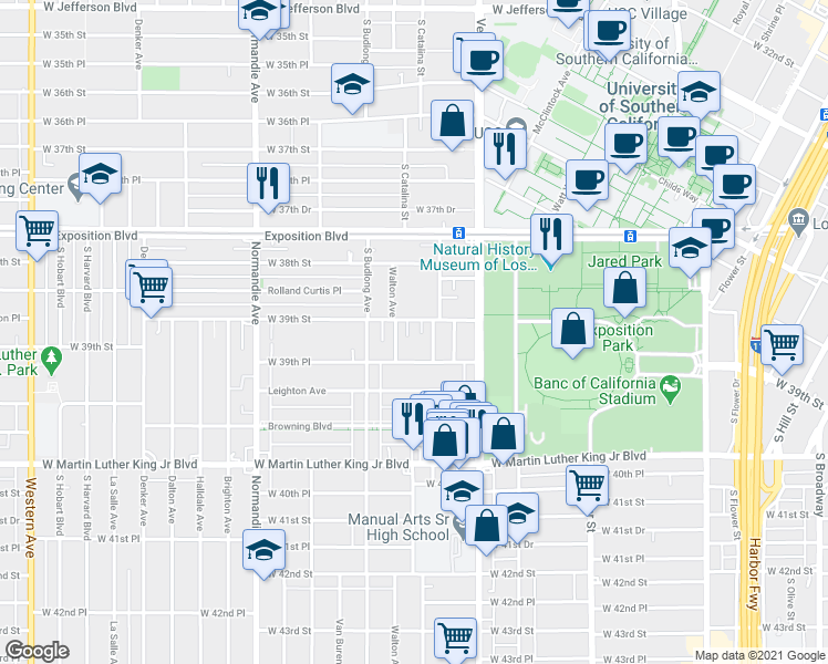 map of restaurants, bars, coffee shops, grocery stores, and more near 1103 West 39th Street in Los Angeles