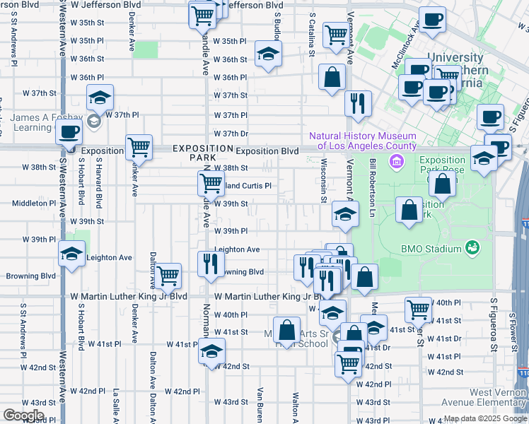map of restaurants, bars, coffee shops, grocery stores, and more near 1155 West 39th Street in Los Angeles