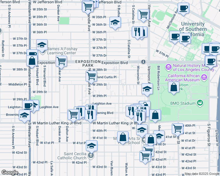 map of restaurants, bars, coffee shops, grocery stores, and more near 1202 West 39th Street in Los Angeles