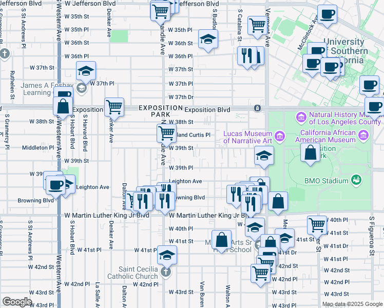 map of restaurants, bars, coffee shops, grocery stores, and more near 1202 West 39th Street in Los Angeles