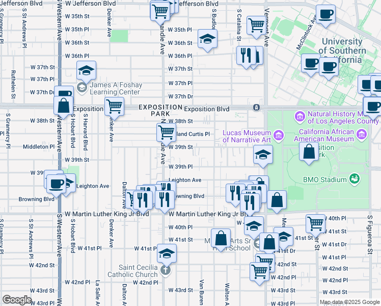 map of restaurants, bars, coffee shops, grocery stores, and more near 1202 West 39th Street in Los Angeles