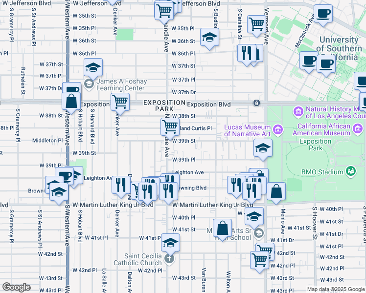 map of restaurants, bars, coffee shops, grocery stores, and more near 1252 West 39th Street in Los Angeles