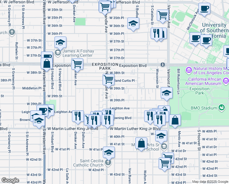 map of restaurants, bars, coffee shops, grocery stores, and more near 1252 West 39th Street in Los Angeles