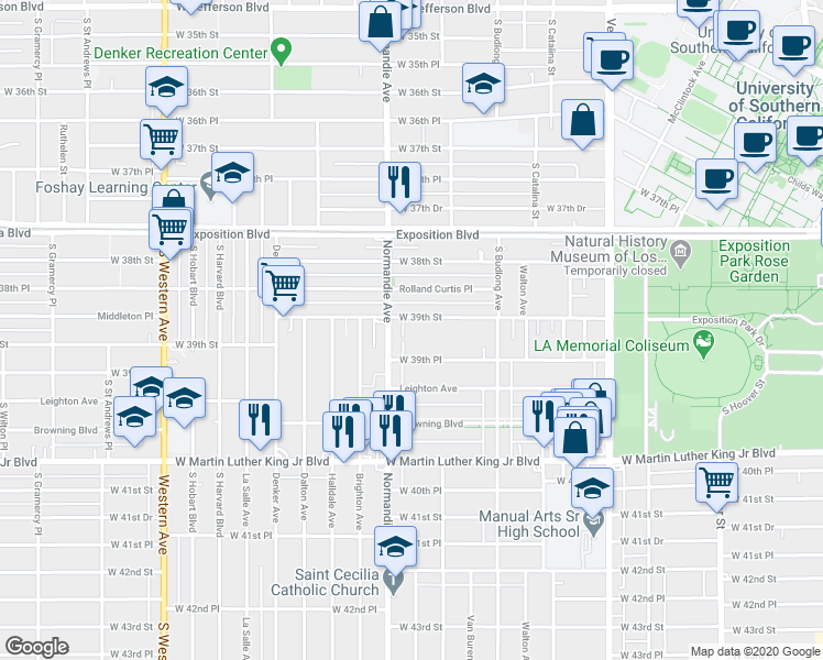 map of restaurants, bars, coffee shops, grocery stores, and more near 1252 West 39th Street in Los Angeles