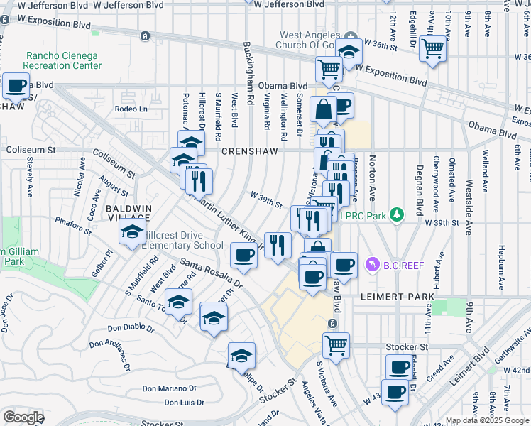 map of restaurants, bars, coffee shops, grocery stores, and more near 3906 Virginia Road in Los Angeles