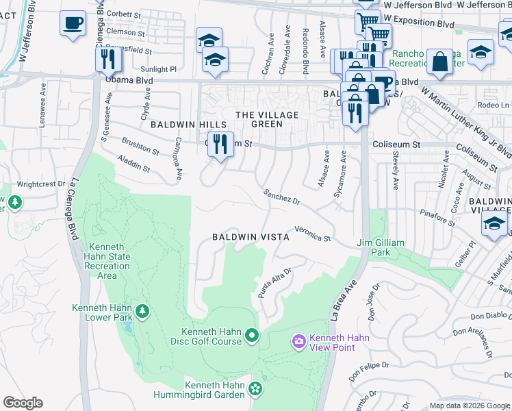 map of restaurants, bars, coffee shops, grocery stores, and more near 3903 South Cloverdale Avenue in Los Angeles