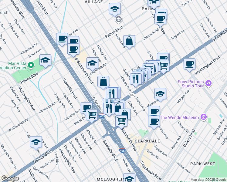 map of restaurants, bars, coffee shops, grocery stores, and more near 3729 Tilden Avenue in Los Angeles