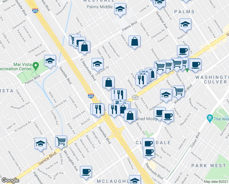 map of restaurants, bars, coffee shops, grocery stores, and more near 3703 South Bentley Avenue in Los Angeles