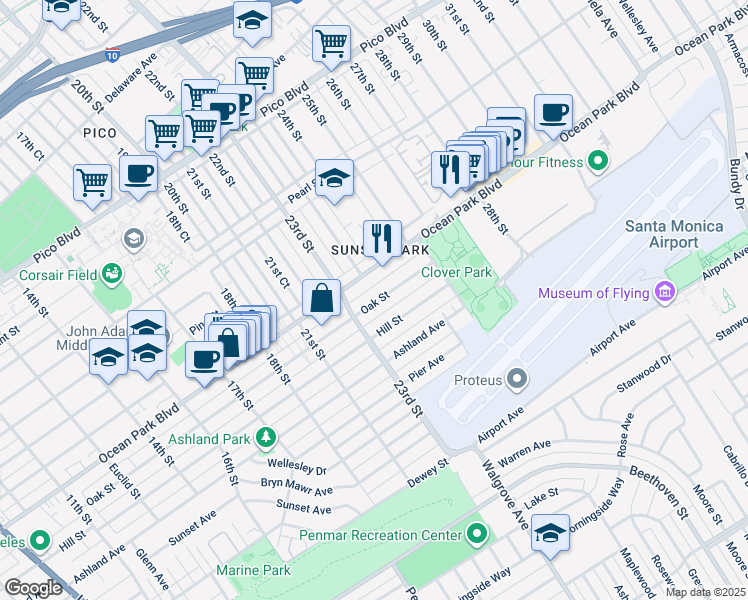 map of restaurants, bars, coffee shops, grocery stores, and more near 2318 Ocean Park Place South in Santa Monica