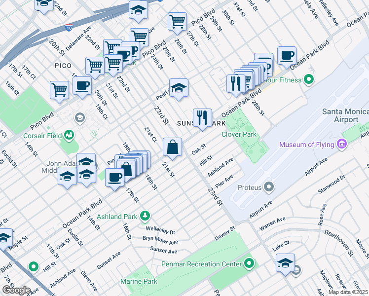 map of restaurants, bars, coffee shops, grocery stores, and more near 2318 Ocean Park Place South in Santa Monica