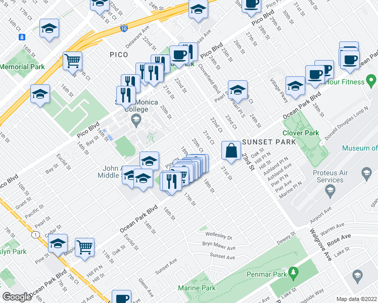map of restaurants, bars, coffee shops, grocery stores, and more near 2419 20th Street in Santa Monica