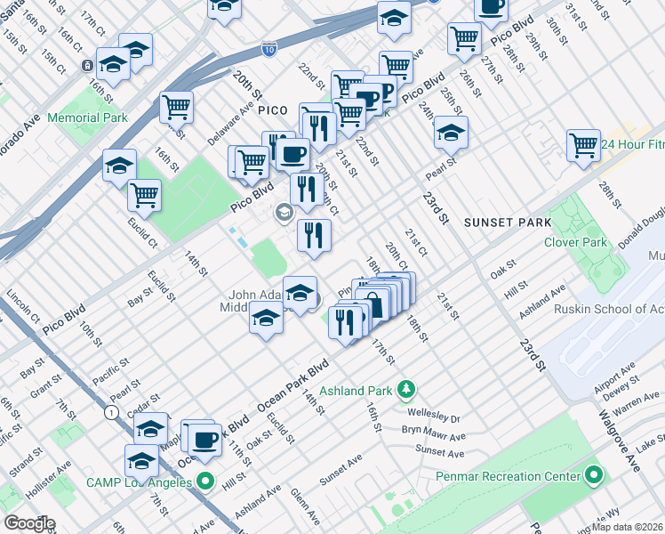 map of restaurants, bars, coffee shops, grocery stores, and more near 1738 Pearl Street in Santa Monica