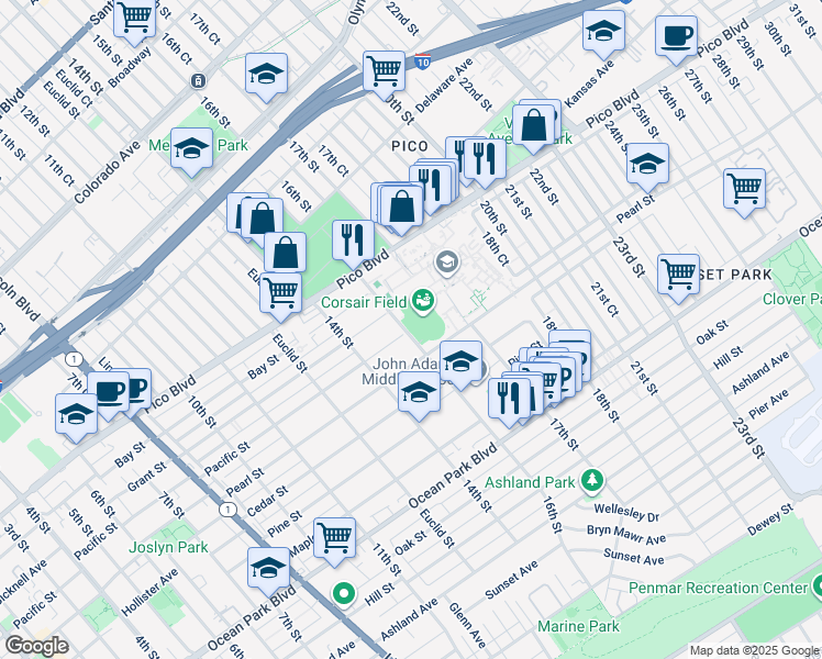 map of restaurants, bars, coffee shops, grocery stores, and more near 1900 Pico Boulevard in Santa Monica
