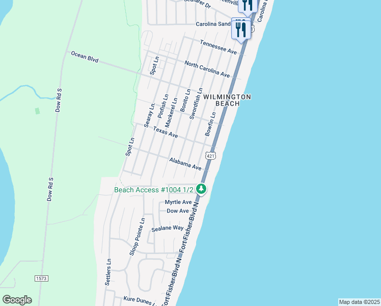 map of restaurants, bars, coffee shops, grocery stores, and more near 203 Texas Ave in Carolina Beach