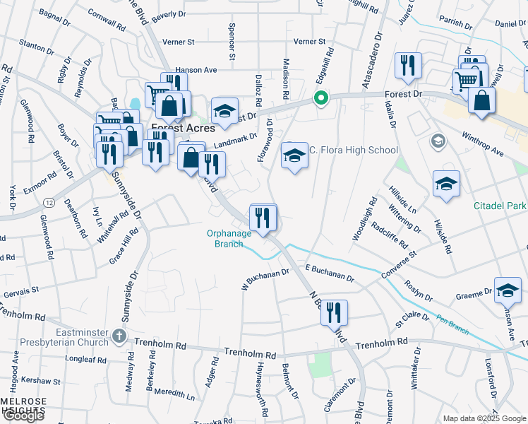 map of restaurants, bars, coffee shops, grocery stores, and more near 2050 South Carolina 16 in Columbia