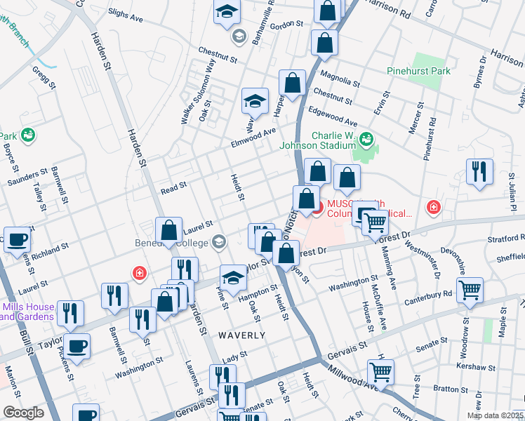 map of restaurants, bars, coffee shops, grocery stores, and more near 2422 Laurel Street in Columbia