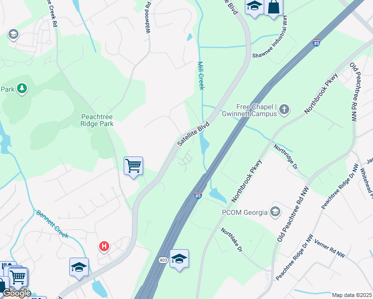 map of restaurants, bars, coffee shops, grocery stores, and more near 1110 Satellite Boulevard Northwest in Suwanee