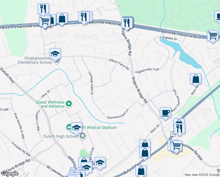 map of restaurants, bars, coffee shops, grocery stores, and more near 3839 Lamplighter Circle in Duluth